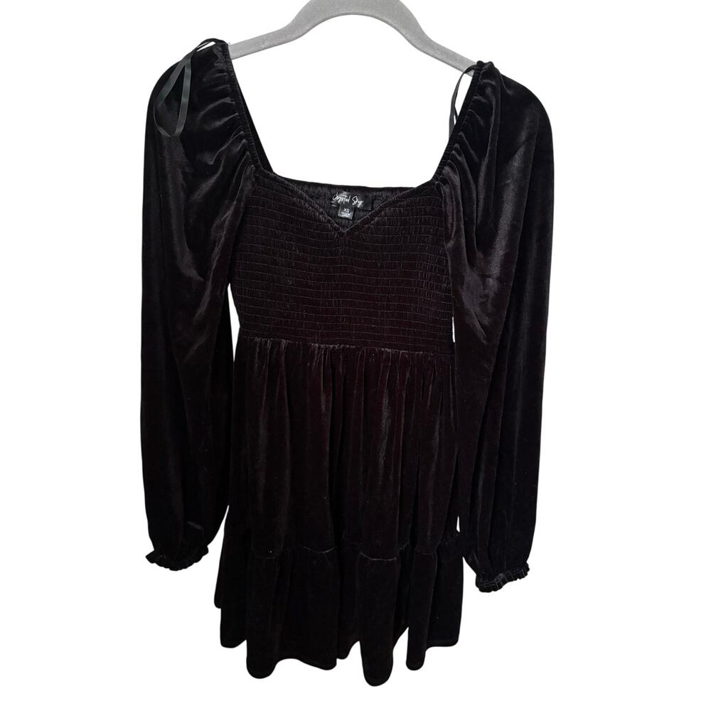 Crystal Sky Black Velvet Babydoll Dress XS Long Sleeve Gothic Cottagecore Mini - Picture 6 of 8